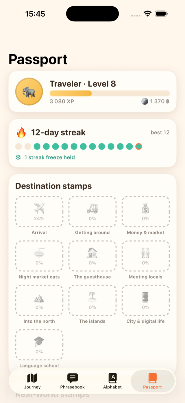 Thailo iOS app: Passport and streaks screen