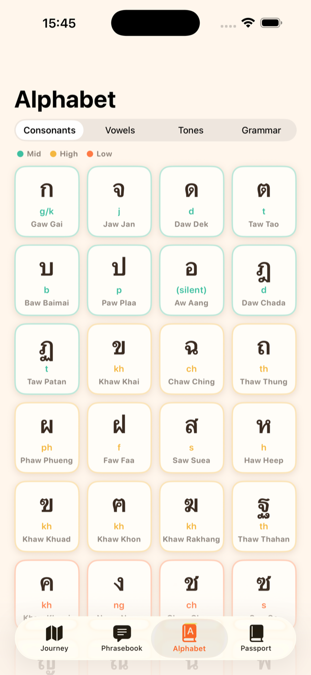 Thailo iOS app: Thai alphabet and tones screen