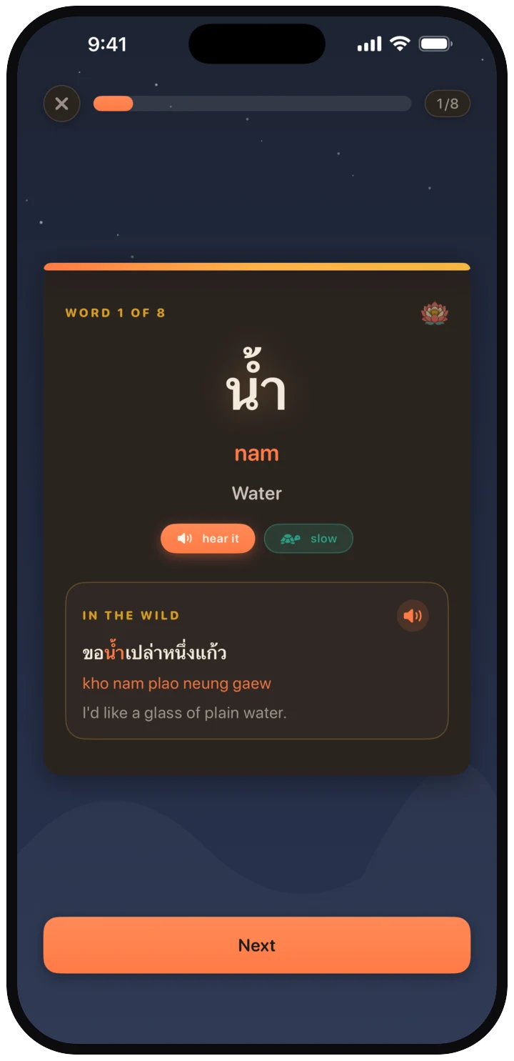 Thailo on iPhone: a lesson learn-card in dark mode