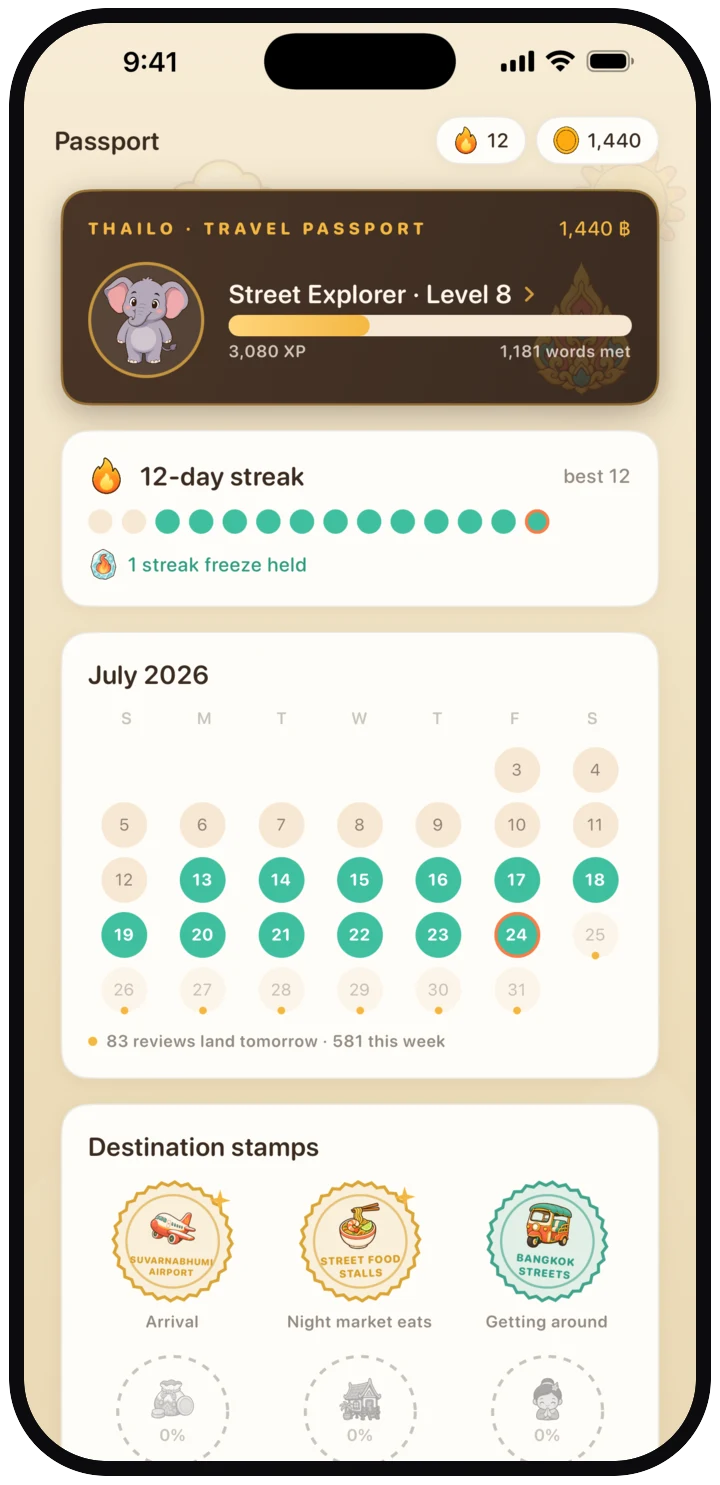Thailo on iPhone: the passport, with streak, calendar and earned stamps